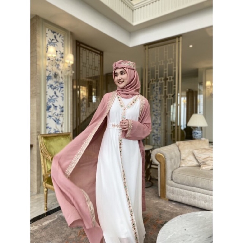 Shireenz Abaya Dress Kaftan Free Manset Turban Belt L XL XXL Dress Lebaran Kondangan Inner Belt Outer L XL XXL Premium Jumbo Mewah Gamis Muslim Produk Terbaru Dusty Pink Taro Milo Hitam Sage Abu