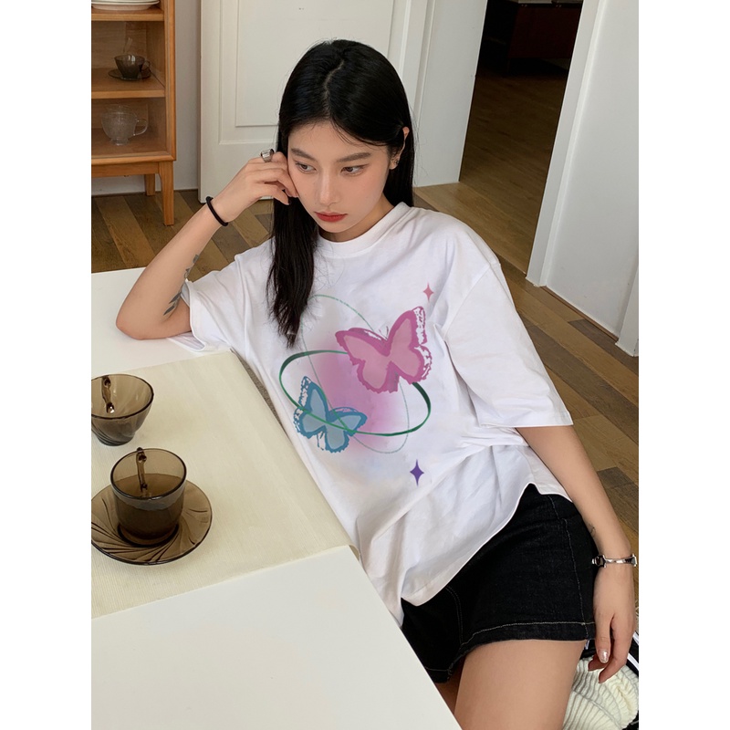 XIAOZHAINV Kaos Atasan Wanita Butterfly Pattern Lengan Pendek A0546