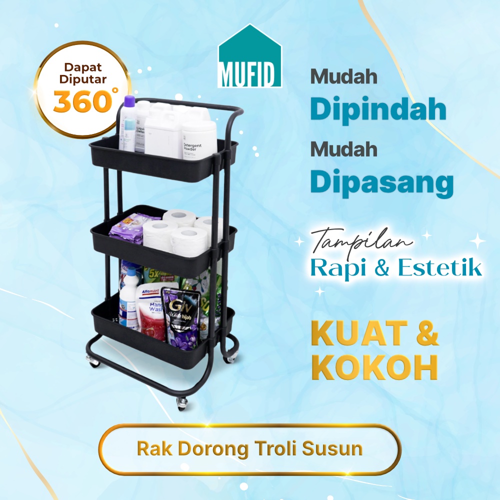 Rak Dorong Troli Roda Penyimpanan Elegant Serbaguna 3 Tingkat Untuk Toilet, Kamar Mandi, Dapur - Mufid