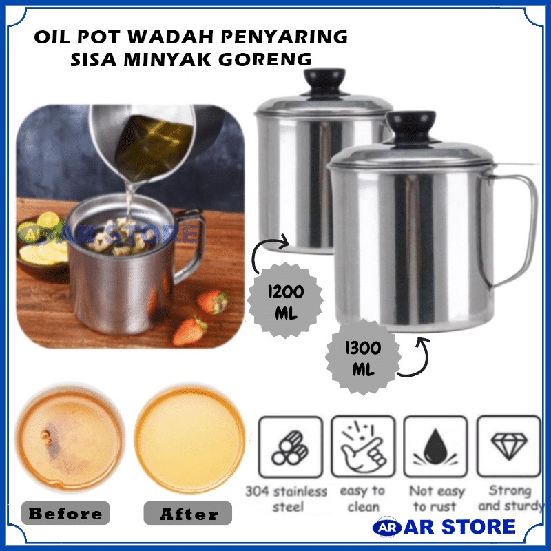 Wadah Saringan Minyak 1.3 Liter Stainless Steel / Oil Pot Filter Anti Karat / Gelas Penyaring Ampas Sisa Minyak Jelantah 1200 ML &amp;1300 ML Anti Tumpah AR STORE1688