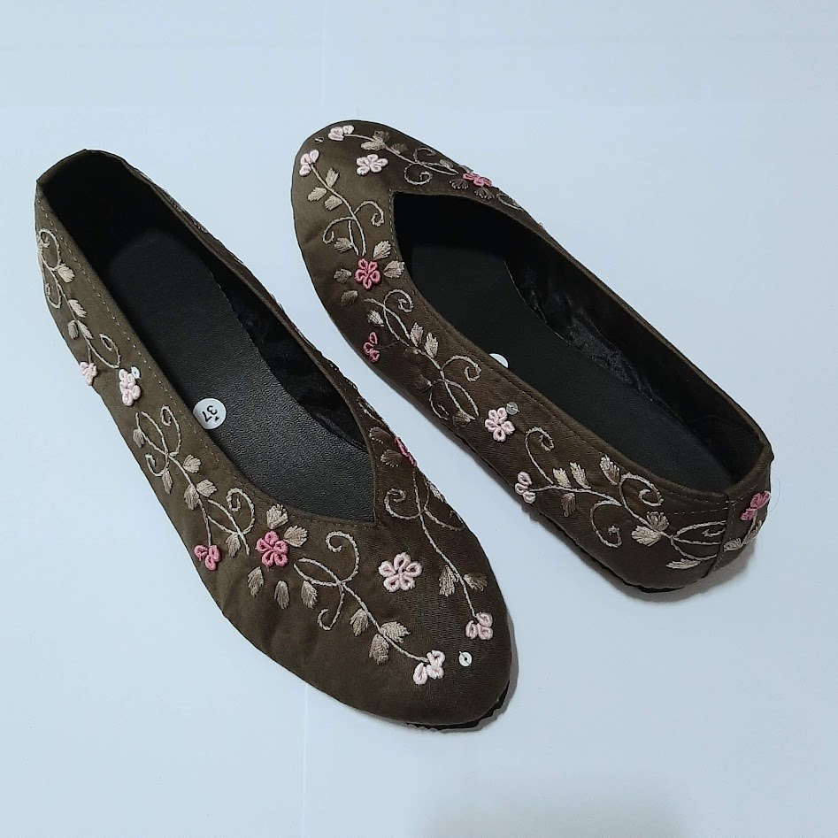 etnik fashion sepatu wanita flat slip on sulam hijau daun bsk