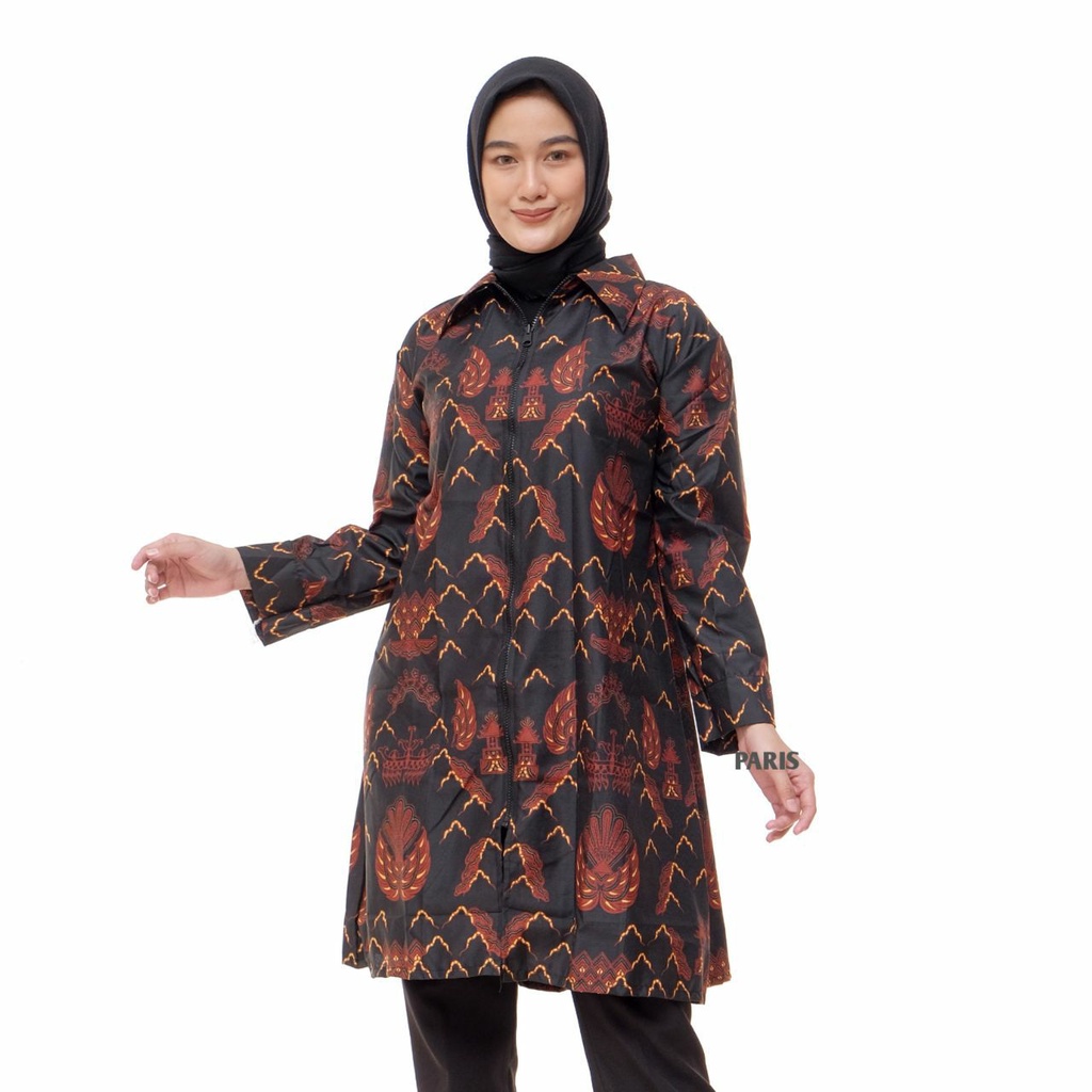 Baju Batik Wanita Zipper Jumbo Kekinian Lengan Panjang Tunik Batik Terbaru Katun Primis Unggul Jaya