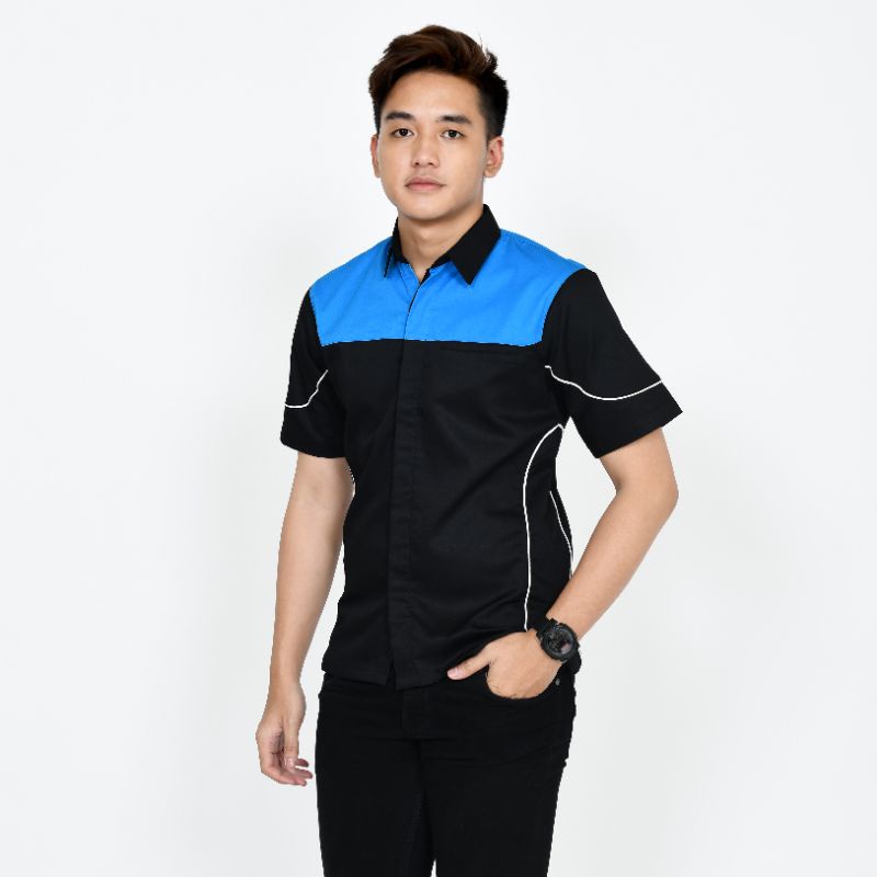 Baju Kemeja Pria Lengan Pendek/Kemeja Kombinasi Pria/Kemeja Kombinasi Custom Bordir/Seragam Kerja Pria Lengan Pendek/ Kemeja Pria