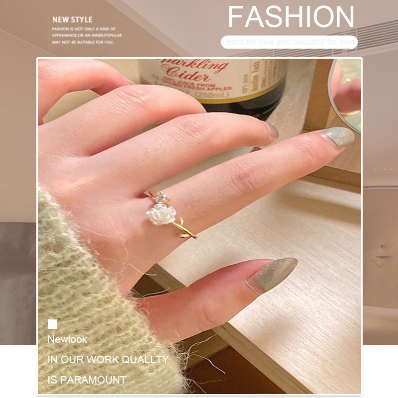 Cincin Terbuka Bunga Camelia Wanita Adjustable Kepribadian Fashion Cahaya Mewah Cincin Rasa Canggih