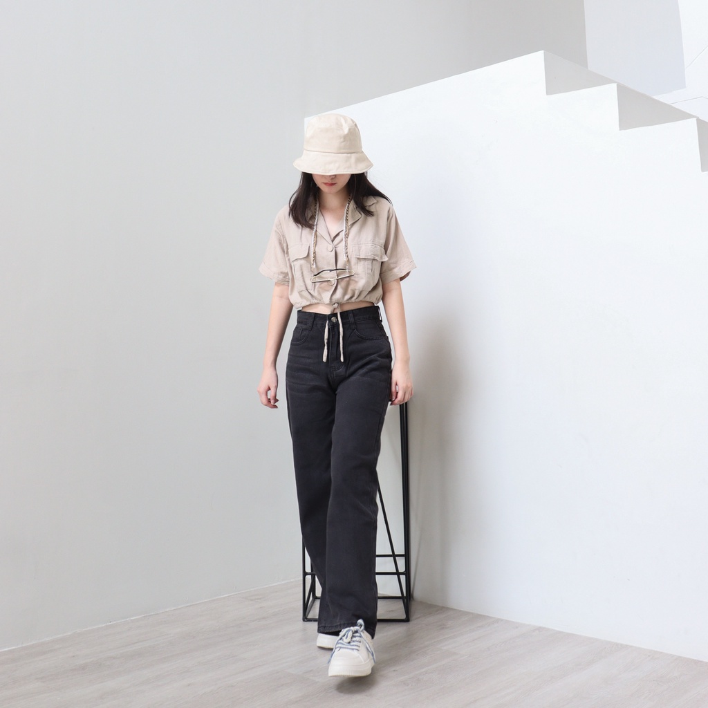 DEMORIN - Celana Panjang Straight Highwaist Snow Black Jeans kekinian - X5010