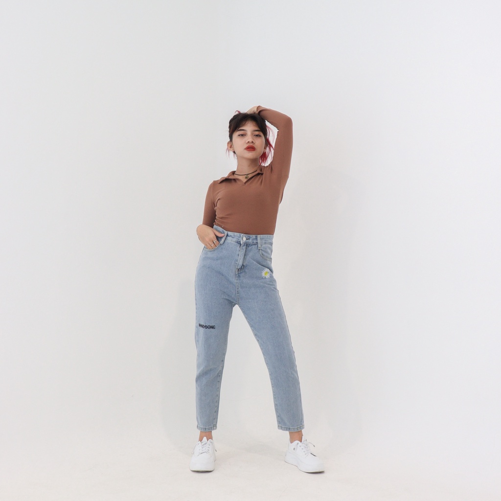 X22 DAISY - Celana Jeans Wanita Korean Mom Jeans Highwaist Demorin