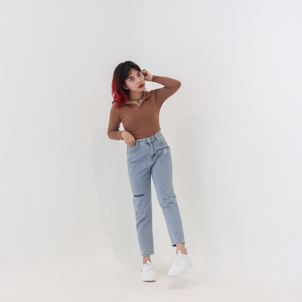 X22 DAISY - Celana Jeans Wanita Korean Mom Jeans Highwaist Demorin