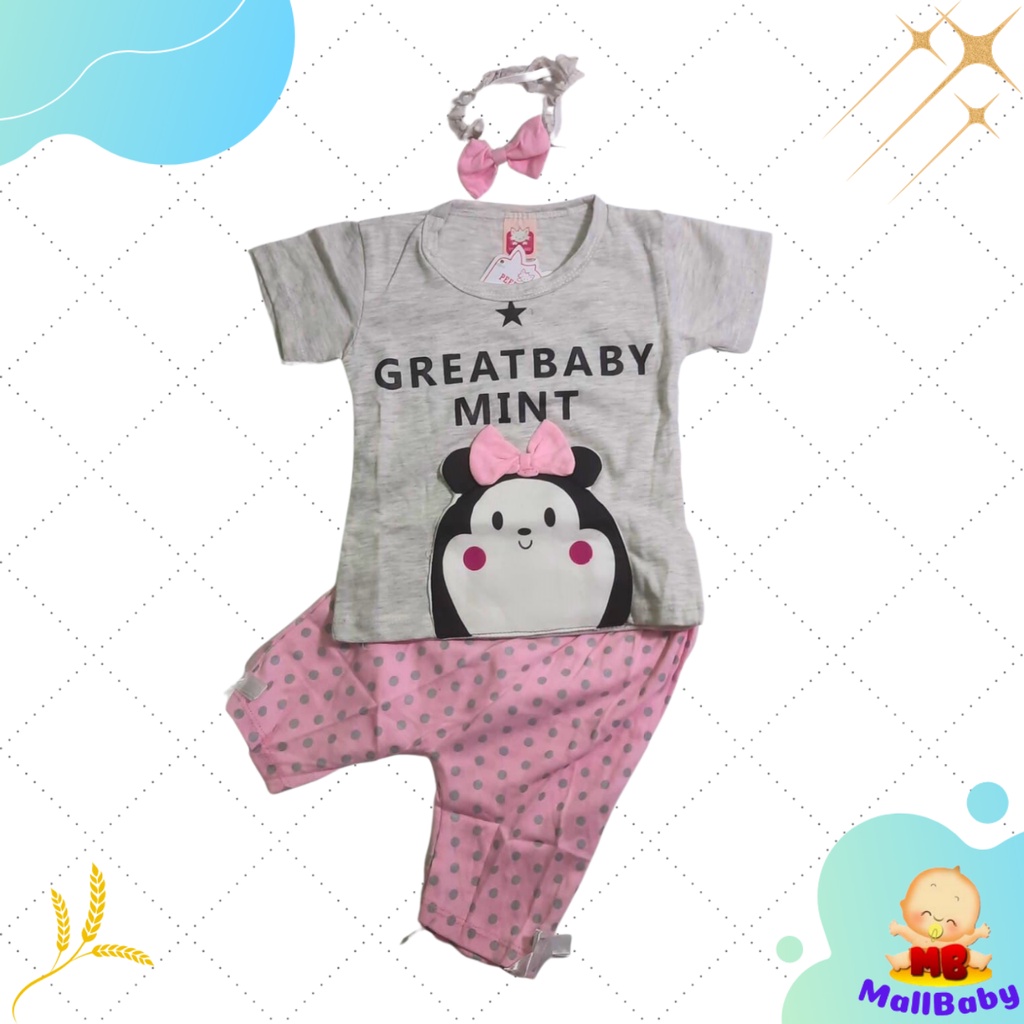 OBRAL PROMO CUCI GUDANG! JUAL RUGI!Baju Bayi Perempuan 6 12 Bulan Setelan Kaos Anak Cewek 1 Tahun Murah Lucu Bonus Bandana GreatBaby Mint