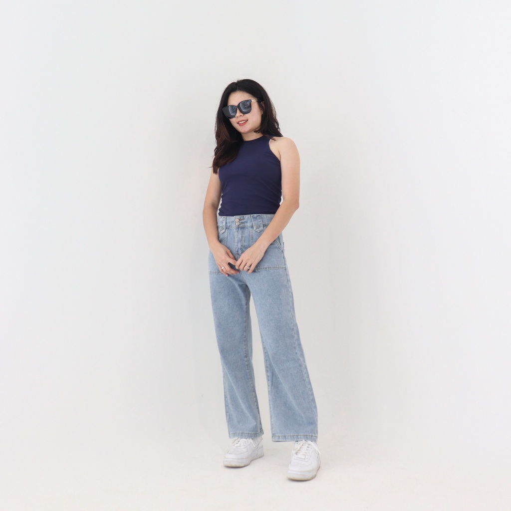 DEMORIN - Celana Jeans Wanita Straight Highwaist Kekinian - Misha X36