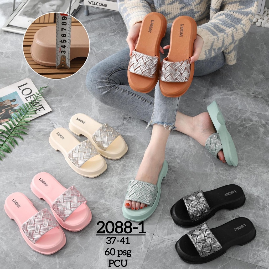 Sandal Selop Wanita Motif Garis Silang Silver Trendy