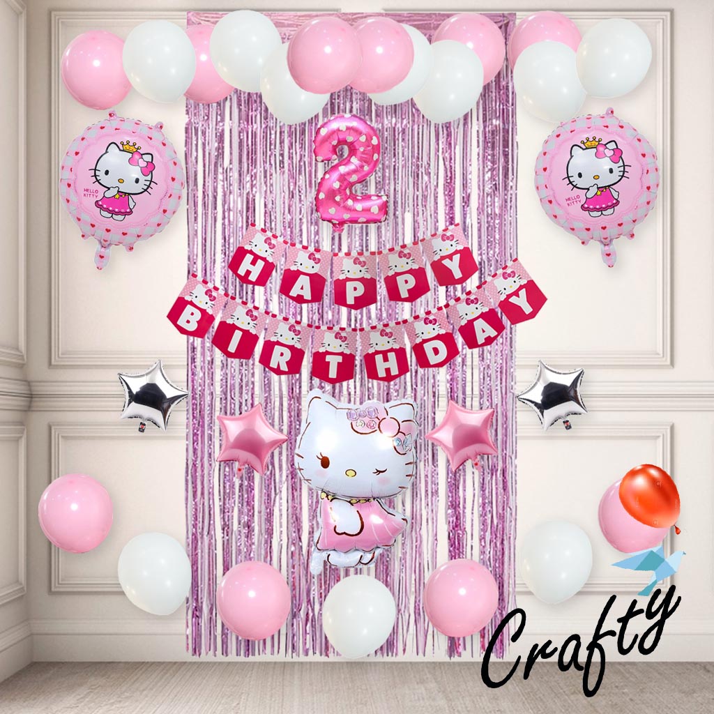 [PAKET] Set Ulang Tahun Anak BANNER HELLO KITTY CURTAIN Dekorasi Balon Hiasan Pesta