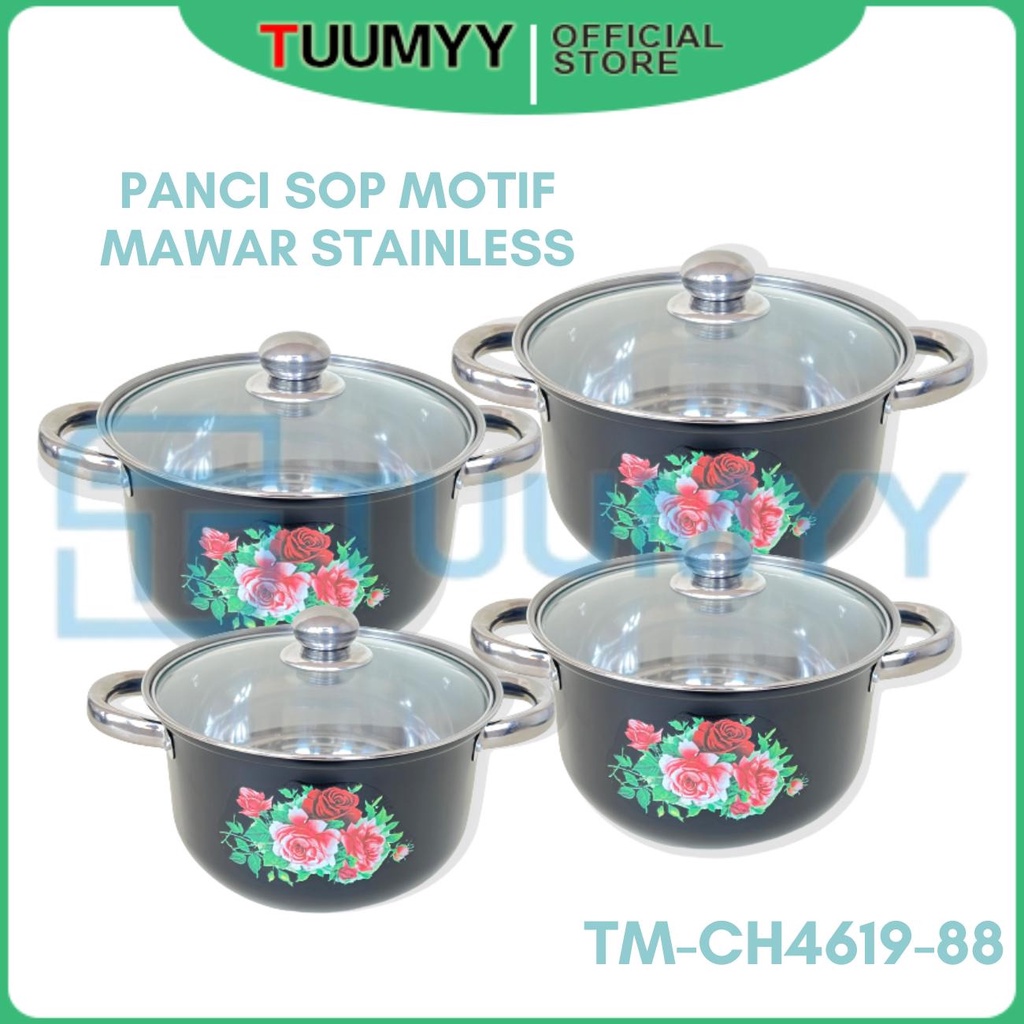 PANCI BUNGA SET 4 SUSUN STAINLESS STEEL TUTUP KACA SOUP POT MULTIFUNGSI TM-CH4619