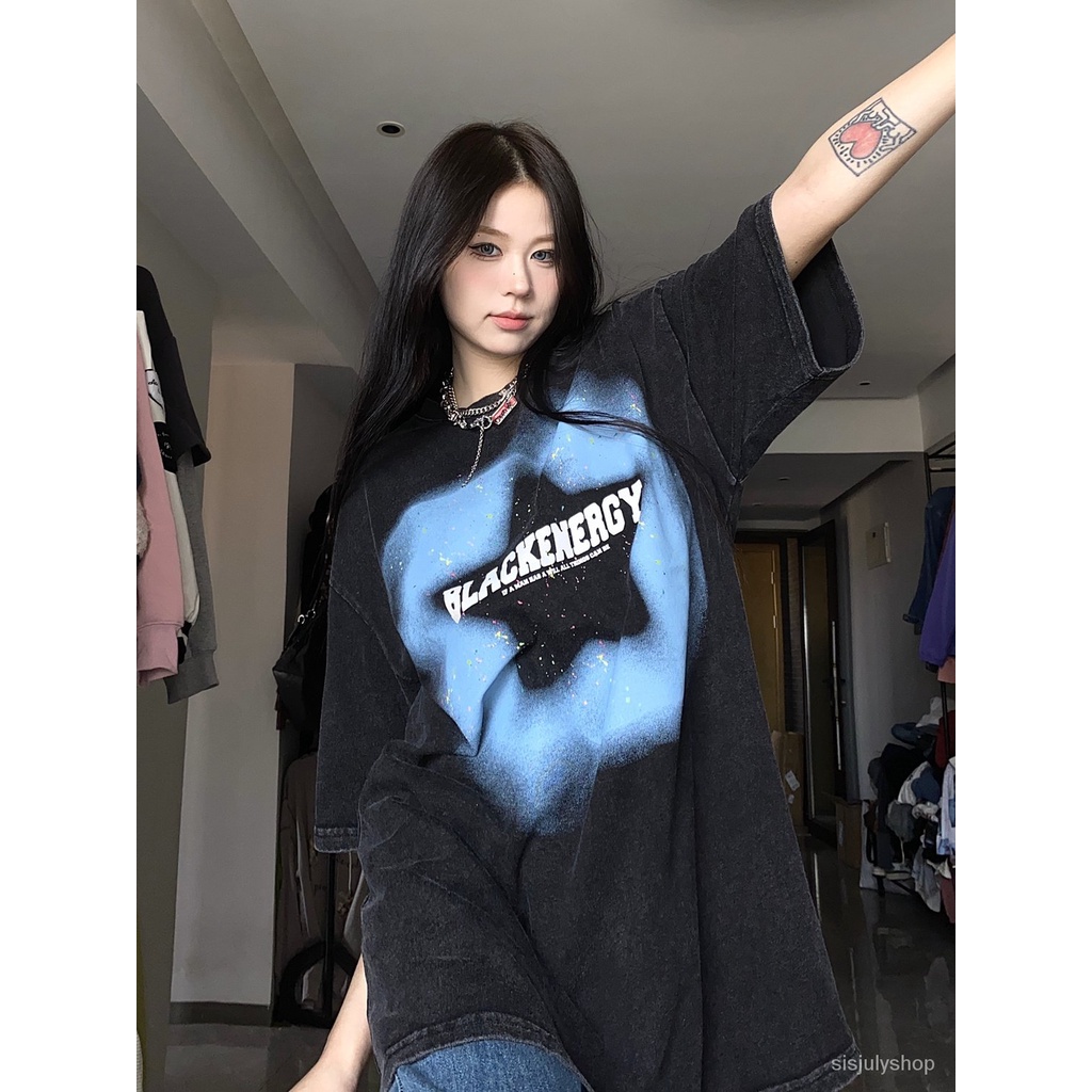 [✅BISA COD] #Sisjuly# Kaos Y2k wanita / atasan grafiti bintang baru Amerika / kaos lengan pendek uku