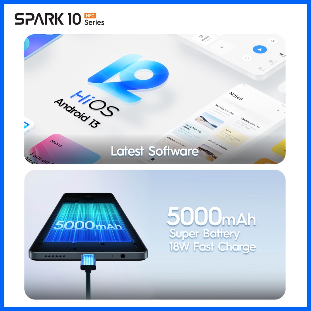 TECNO SPARK 10 NFC – 4+4GB*/8+8GB*+128GB, 50MP+AI Main Rear with Dual LED Flash + 8MP Front Camera, Helio G37, 6,56” HD+ 90Hz, 5000mAh + 18watt + Type C, Android 13, Garansi 12+1-4