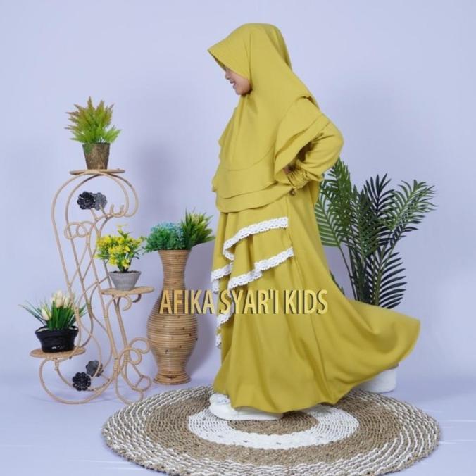 GAMIS ANAK GAMIS ANAK SYARI POLOS RENDA SET KHIMAR ( WARNA HIJAU LEMON) (BAHAN EL09I09A82L