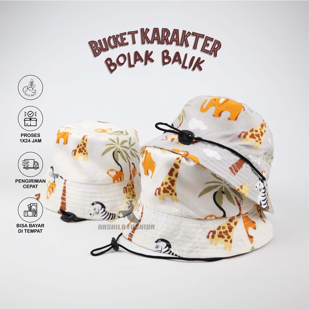 Topi Bucket Anak Karakter Bolak Balik Ada Tali  2 Karakter Bolak Balik Part2