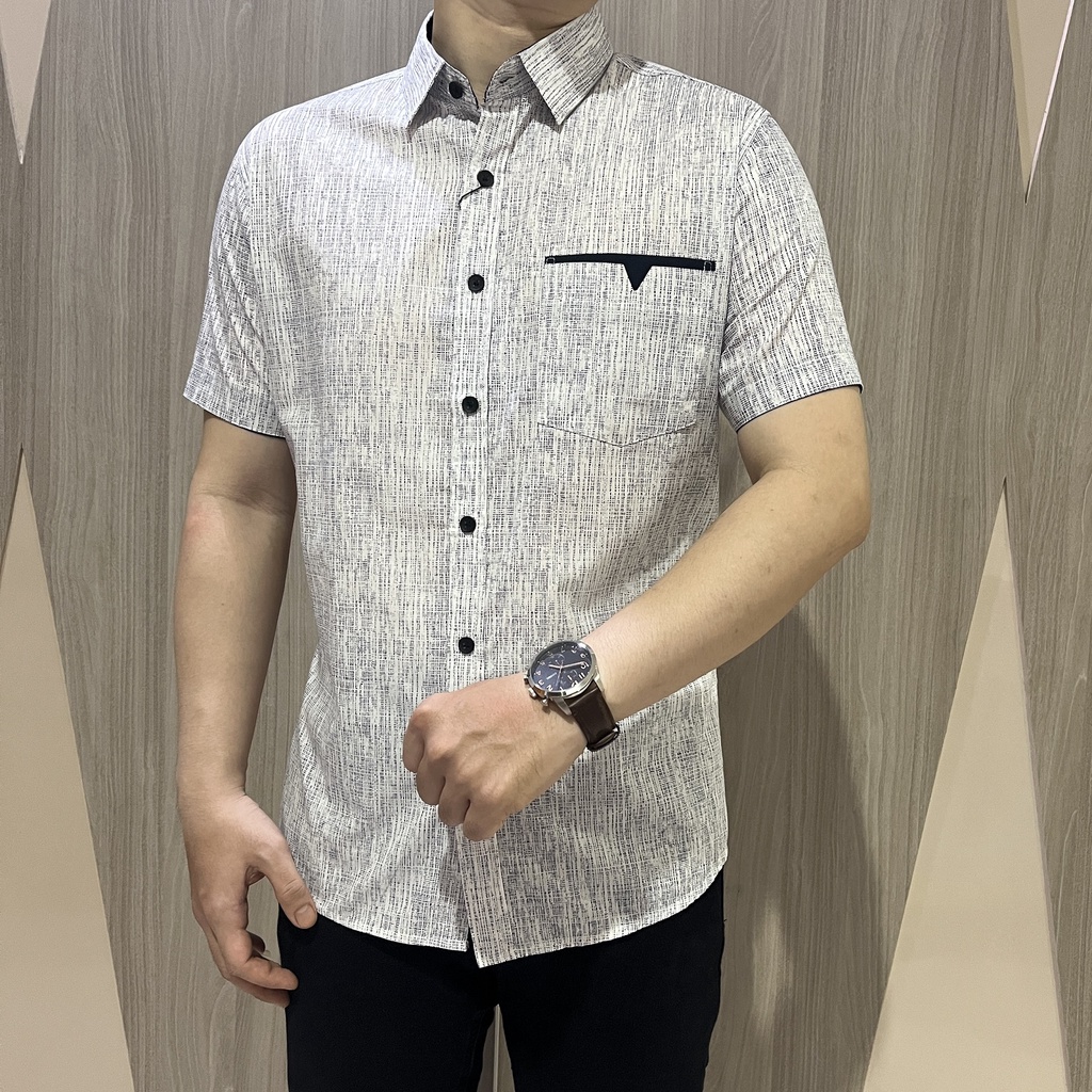 [GRIDLINE - S321 Light Brown &amp; Pigeon Blue - S304 Ceramic White] Kemeja Pria Slimfit Katun Lengan Pendek Print Bagus Berkualitas Premium Modern Tebal Kekinian Viral Adem Keren