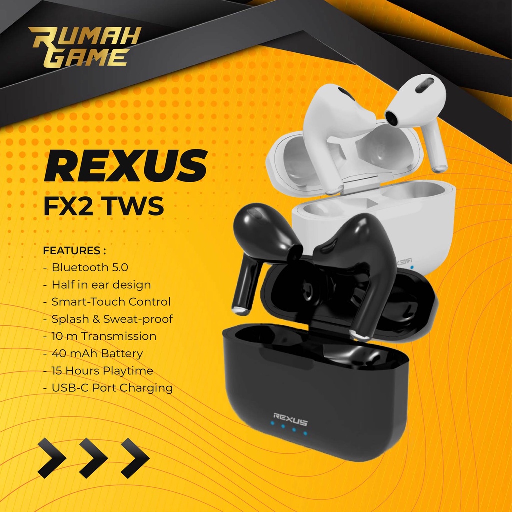 Earphone Bluetooth Rexus FX2 -TWS Wireless Headset Gaming with Microphone