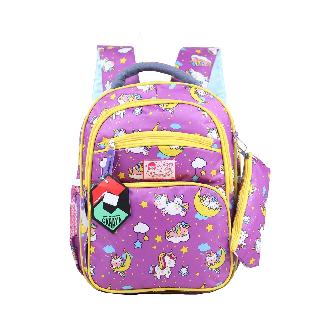 Tas Ransel Gendong Anak Sekolah TK PAUD Gambar Kuda Pony Warna Ungu List Kuning Model Saku Depan Bac
