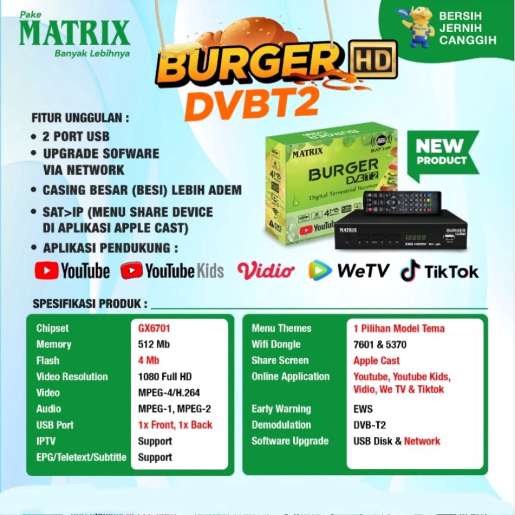 MATRIK STB-SET TOP BOX DVBT2 RECEIVER MATRIX BURGER HIJAU HD