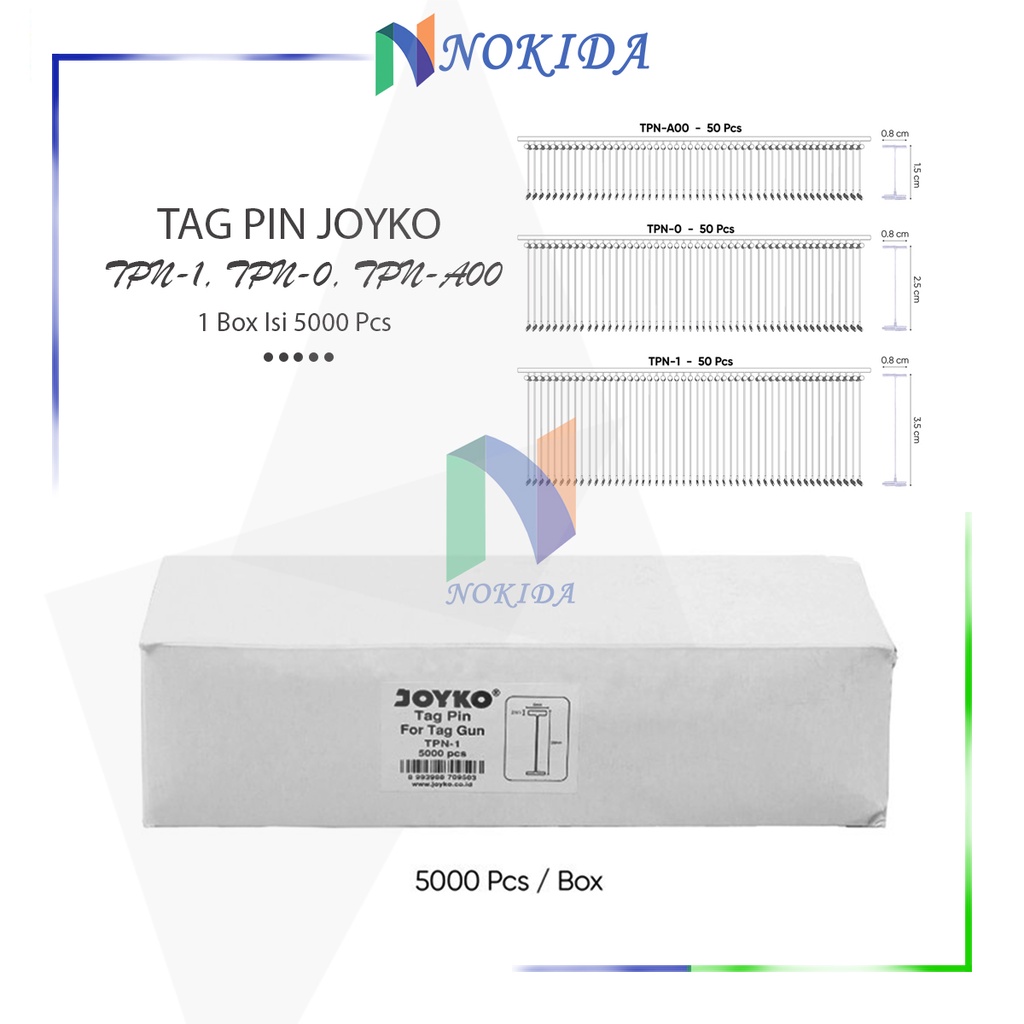 

Nokida Tag Pin Joyko TPN-1 [1 Box/5000 pcs] / Tali Bandrol Harga Produk 1 Pack / Tali Label Bandrol Merek / Hang Tag Pin Loundry / Gantungan Bandrol Harga Pakaian 1 Pak / Isi Tali TG-600 / Tali Plastik Bandrol Produk Joyko