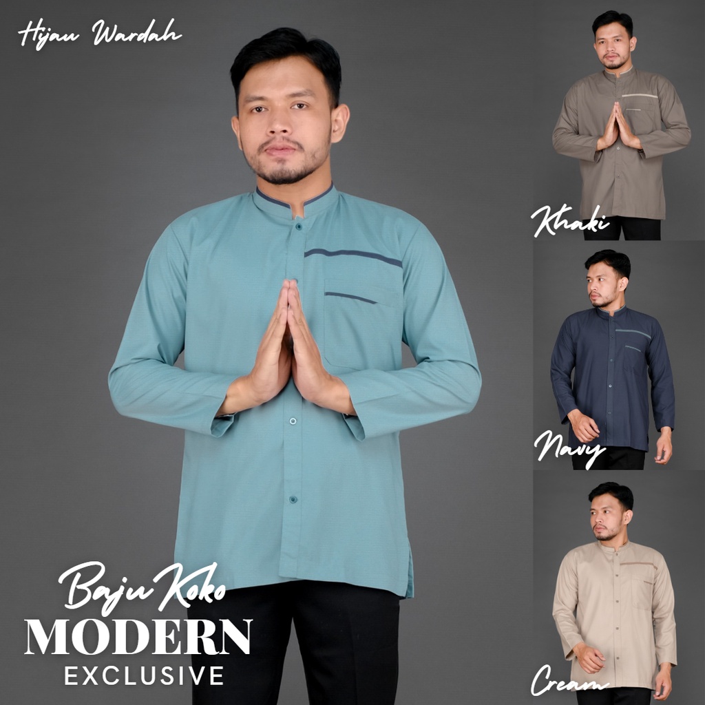 Baju Koko Pria Poli Katun Lengan Panjang Warna Hijau Wardah Size M L XL