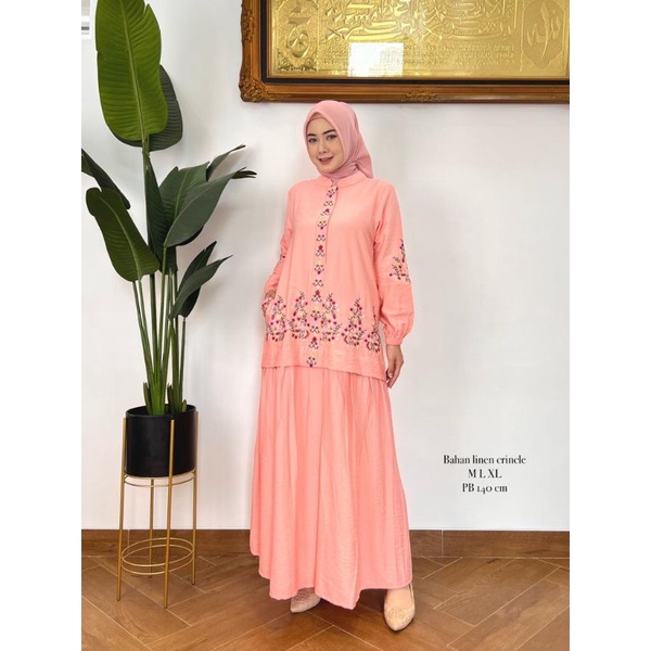 Zaja - Baju Gamis Linen Cringkle Bordir Cantik &amp; Mewah Pakaian Dress Muslim Perempuan Dewasa Kekinian Baju Muslim Cewek Terkini Fashion Muslim Wanita Terbaru