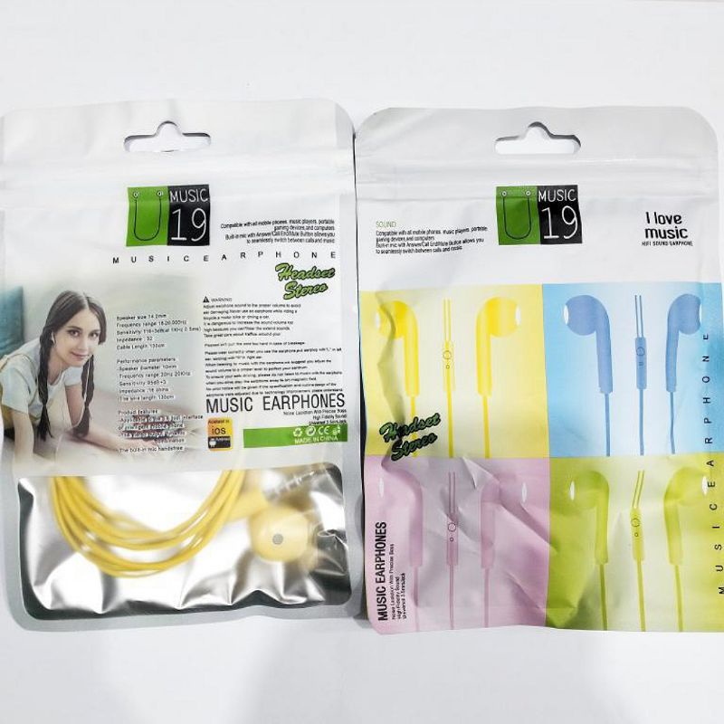 U19 MACARON PACK ZIP / Headset handsfree U19 MACARON PACK PLASTIK ZIP