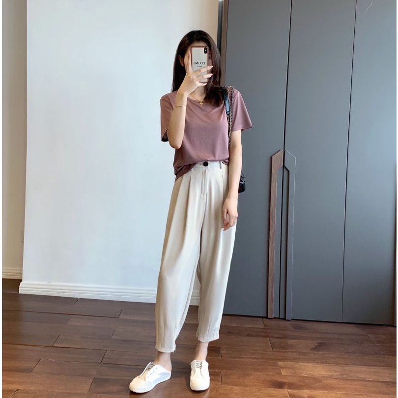 Suit cropped pants wanita baru musim semi dan musim gugur longgar celana kasual berpinggang tinggi