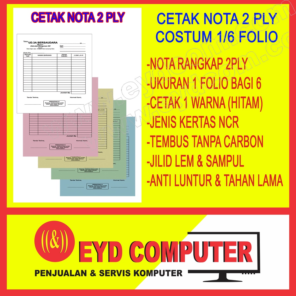

CETAK NOTA 2 PLY 1 FOLIO BAGI 6 KERTAS NCR COSTUM ISI RANGKAP CEK BON KWITANSI SURAT JALAN