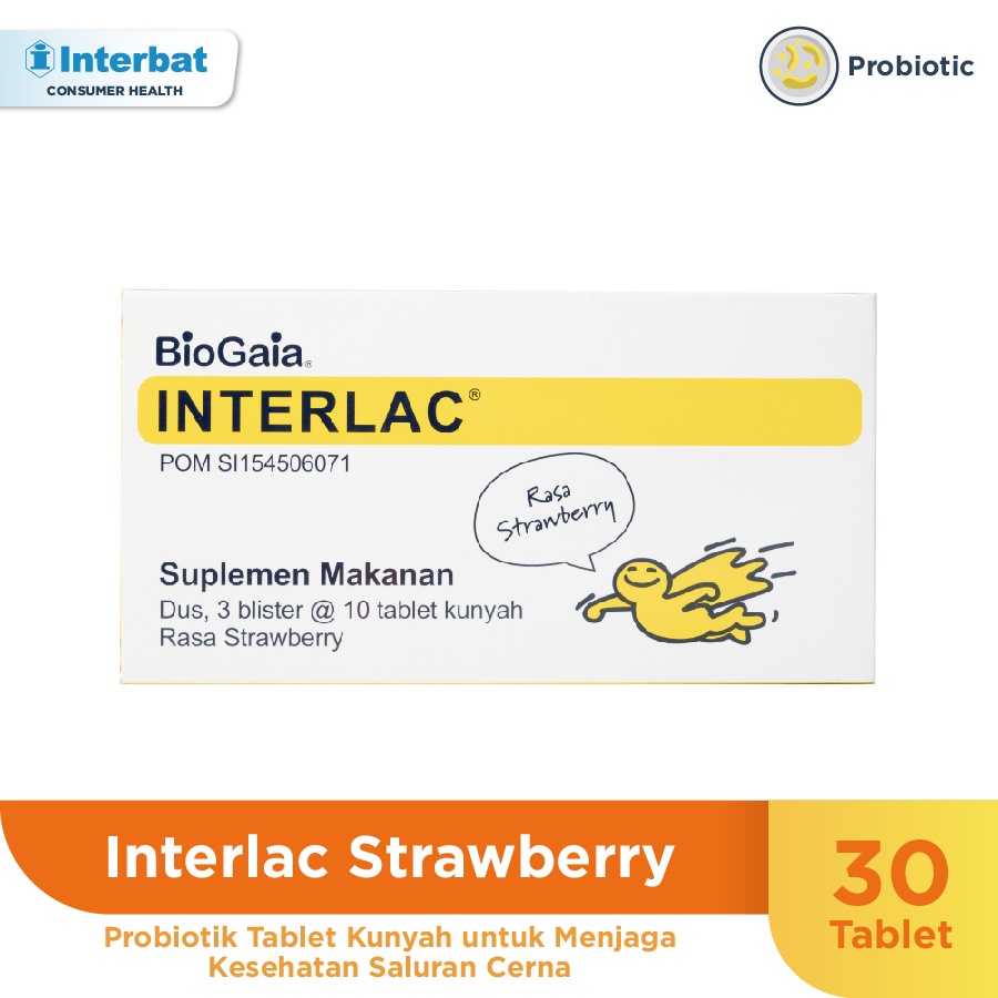 Interlac Probiotik Tablet Kunyah Strawberry - 3 Strip @ 10 tablet