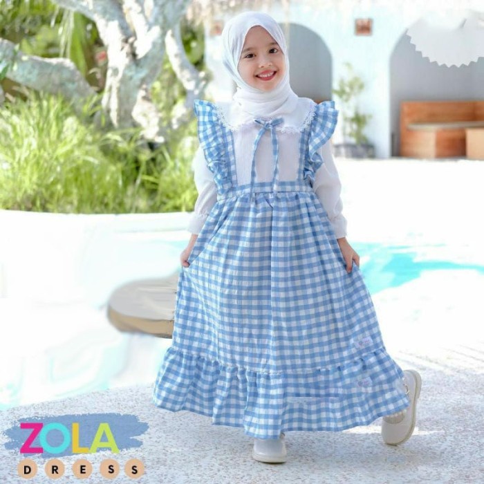 PROMO GAMIS ANAK PEREMPUAN UMUR 8-9 TAHUN CRINKLE MOTI KOTAK KOTAK ZOLLA KID - BIRU MUDA TERLARIS EL