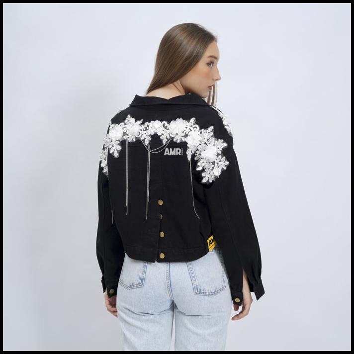 Amr Original - Jaket Jeans Motif Unik Bunga Wanita - Jj Brokat 1833