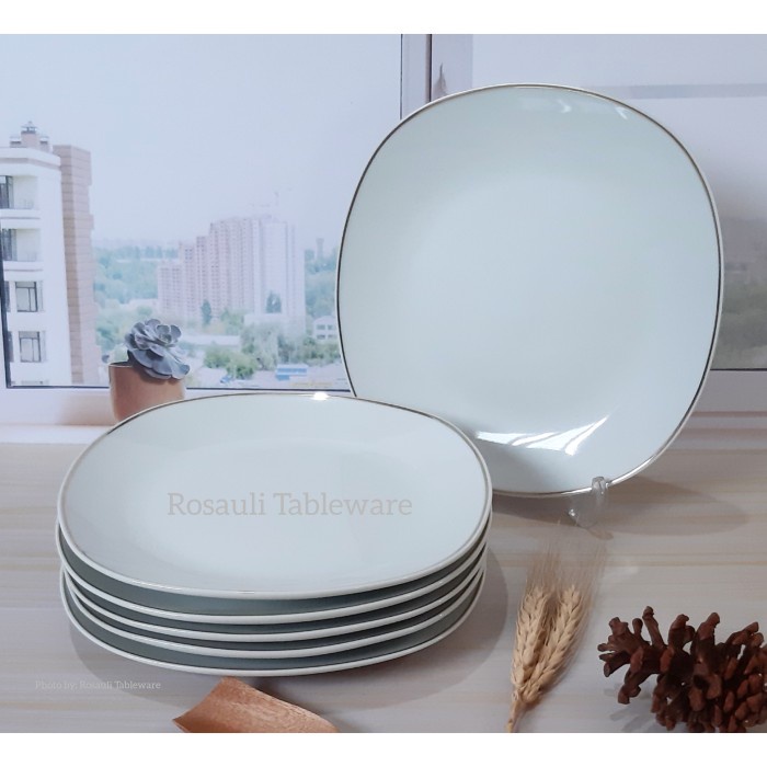 Piringku Piring Kue Keramik Persegi 20 Cm Gold Line Isi: 6 Pcs