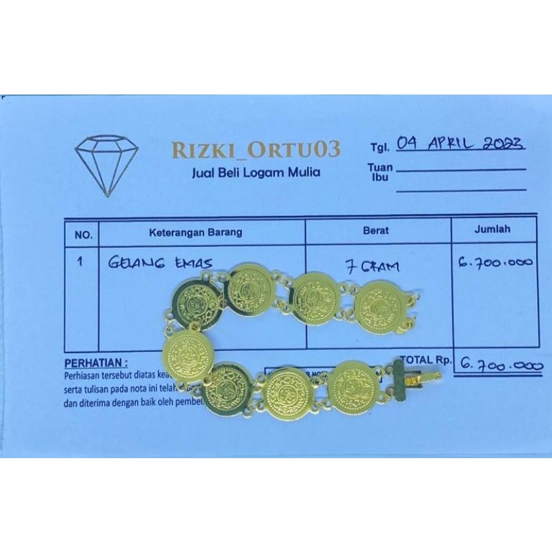 gelang emas 24 karat berat 7gram dapat suratnya motip koin