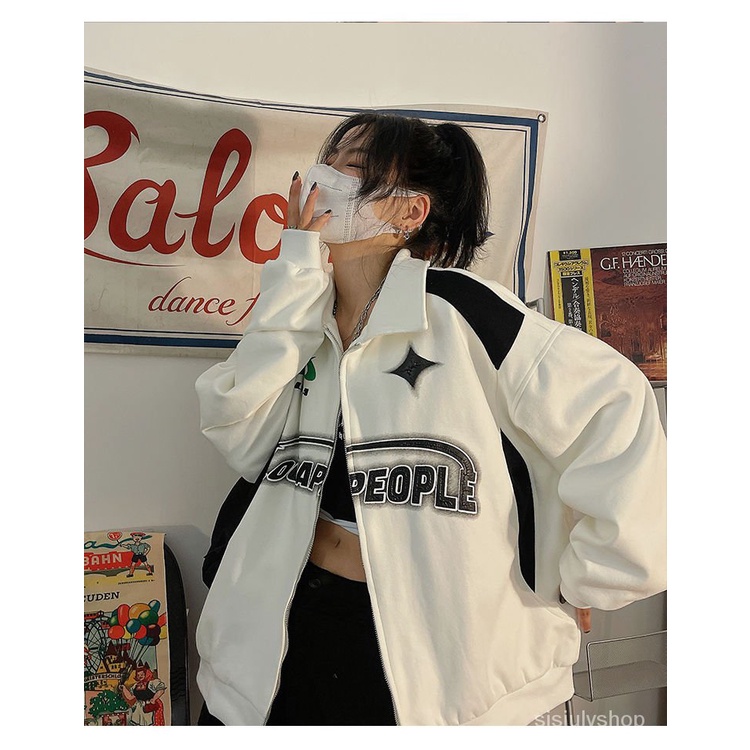 [✅BISA COD] #Sisjuly# Jaket biker wanita/sweter kardigan kerah vintage Amerika Y2K/jaket longgar gay