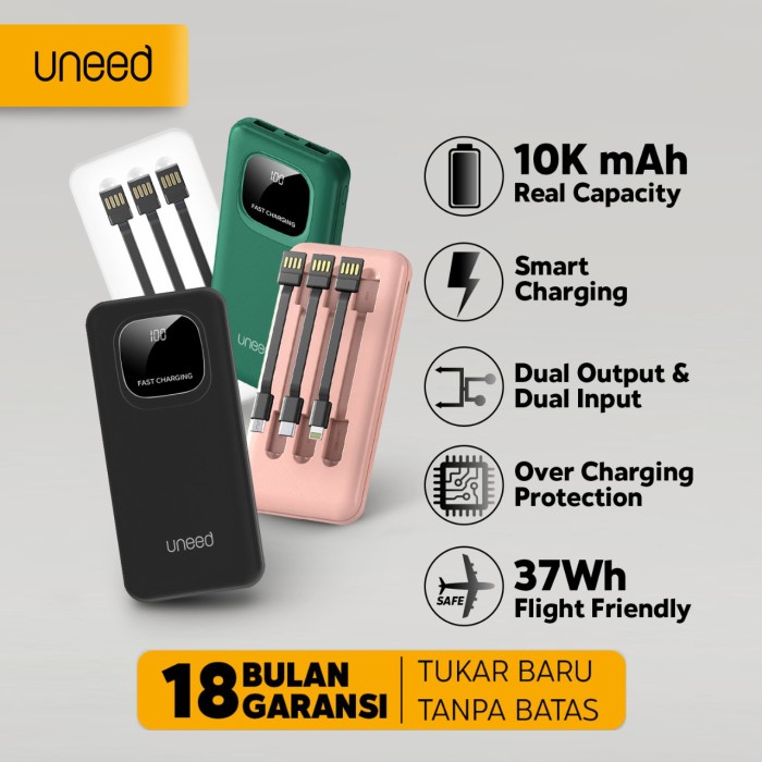 UNEED POWERBANK 10000MAH BUILT IN CABLE FAST CHARGING 2.1A - UPB236