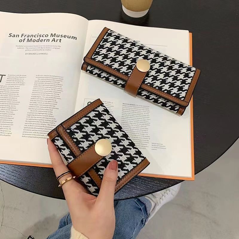Sera Net Merah Houndstooth Dompet Wanita Serbaguna Korea Koin Lipat Tiga Klip Multi-Slot Kartu Lucu pemegang Kartu Kopling Panjang