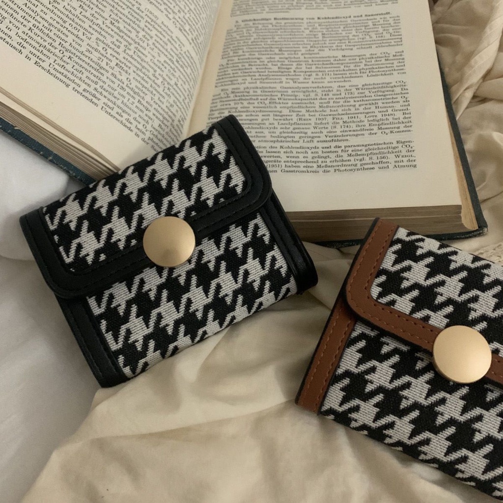 Sera 2021 Retro Kanvas Houndstooth Dompet Kecil Pendek Wanita Gaya Warna Kontras Lipat Multi-Fungsional Klip Koin dengan Beberapa Slot Kartu