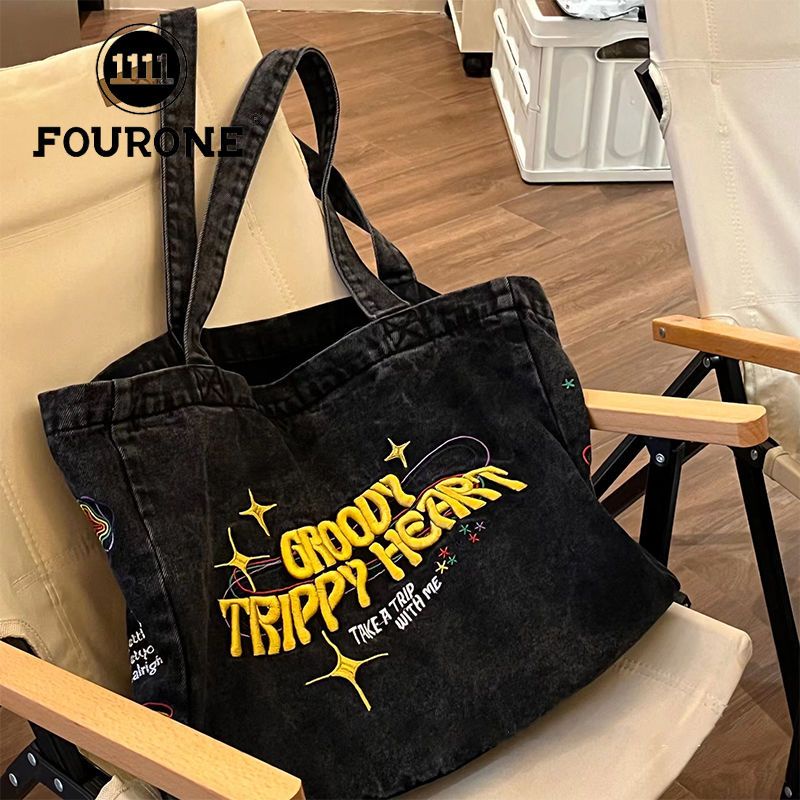 Sera FOUR ONE retro American denim canvas bag ins large capacity embroidery shoulder bag student all-match handbag