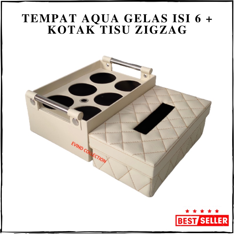 Tempat Aqua Gelas Isi 6 Cup + Tempat Tisu Zigzag Kulit Sintetis