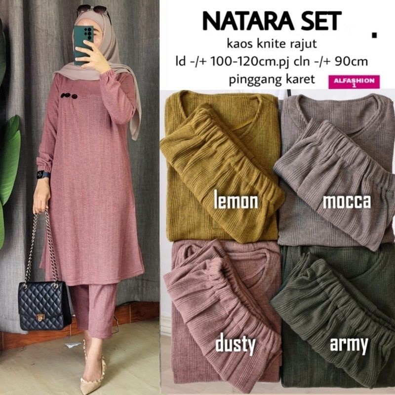 Natara Set (Tunik LD100-124 pjng 105+Pants LP60-110 pjng 92) Kaos knite rajut import fit to XXL, pgg