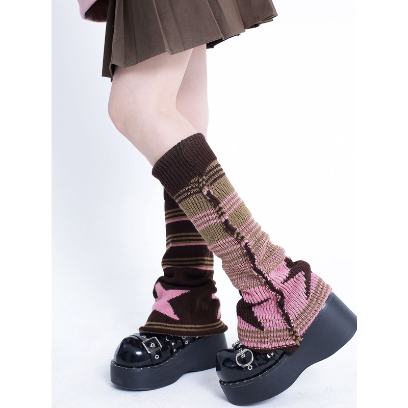 Kaus kaki rajutan penutup kaus kaki bergaris jk Jepang kaus kaki bergaris-garis betis wanita penutup