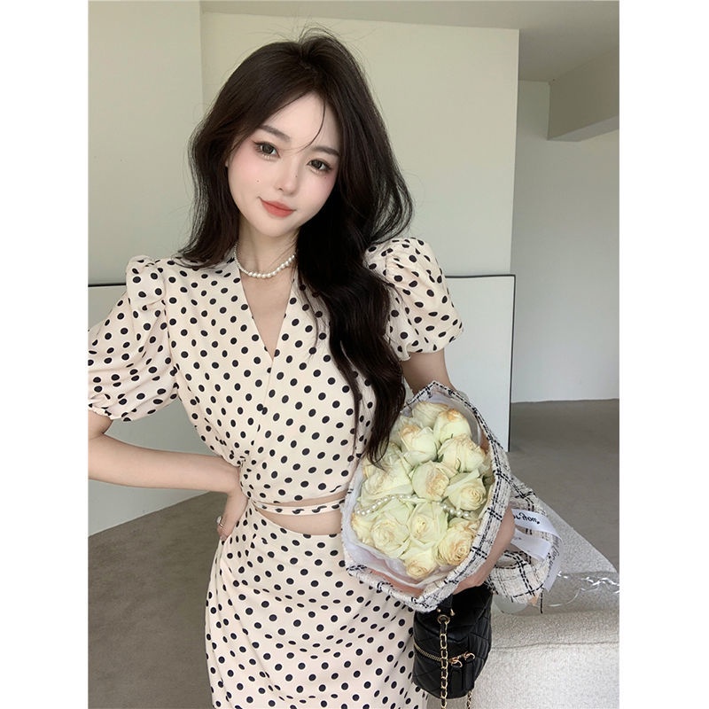 Musim Panas Baru Polka Dot Puff Lengan Pinggang Tinggi Rok Dua Potong Set