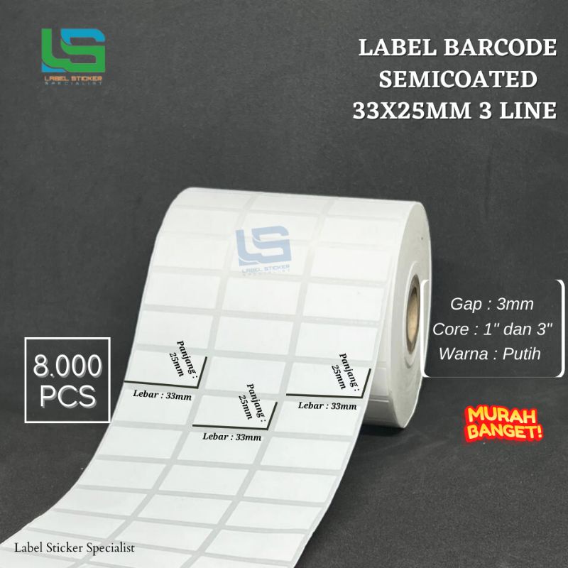 

Label Barcode 33 X 25 MM (3 line) Kertas Sticker Semicoated 33x35