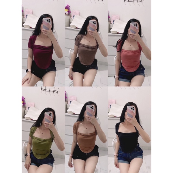 Croptop square oval lengan pendek | croptop square oval wanita | atasan crop leher kotak body square | korean fashion wanita | aquarius boutique89