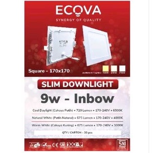 Lampu LED Slim Downlight 9 Watt KOTAK Down Light 9W SQUARE 6500K ECOVA Inbow SNI 9Watt