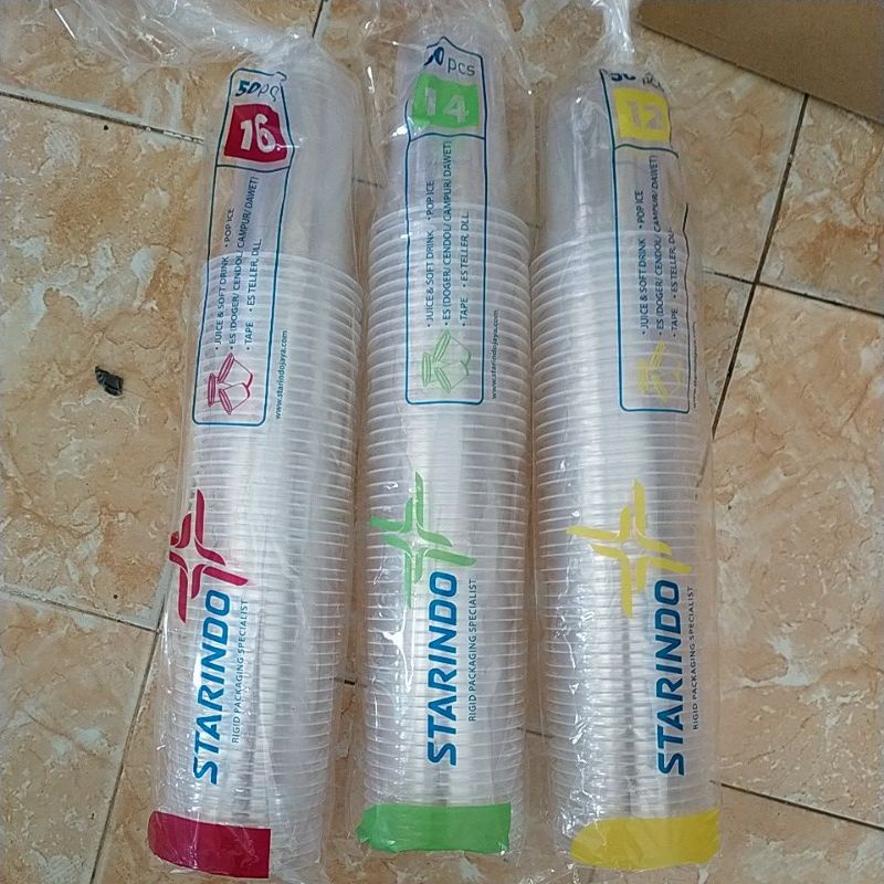 gelas cup starindo isi 50 pcs tebal kuat 12 oz, 14 oz dan 16 oz pop ice, jus blender tutup datar es 