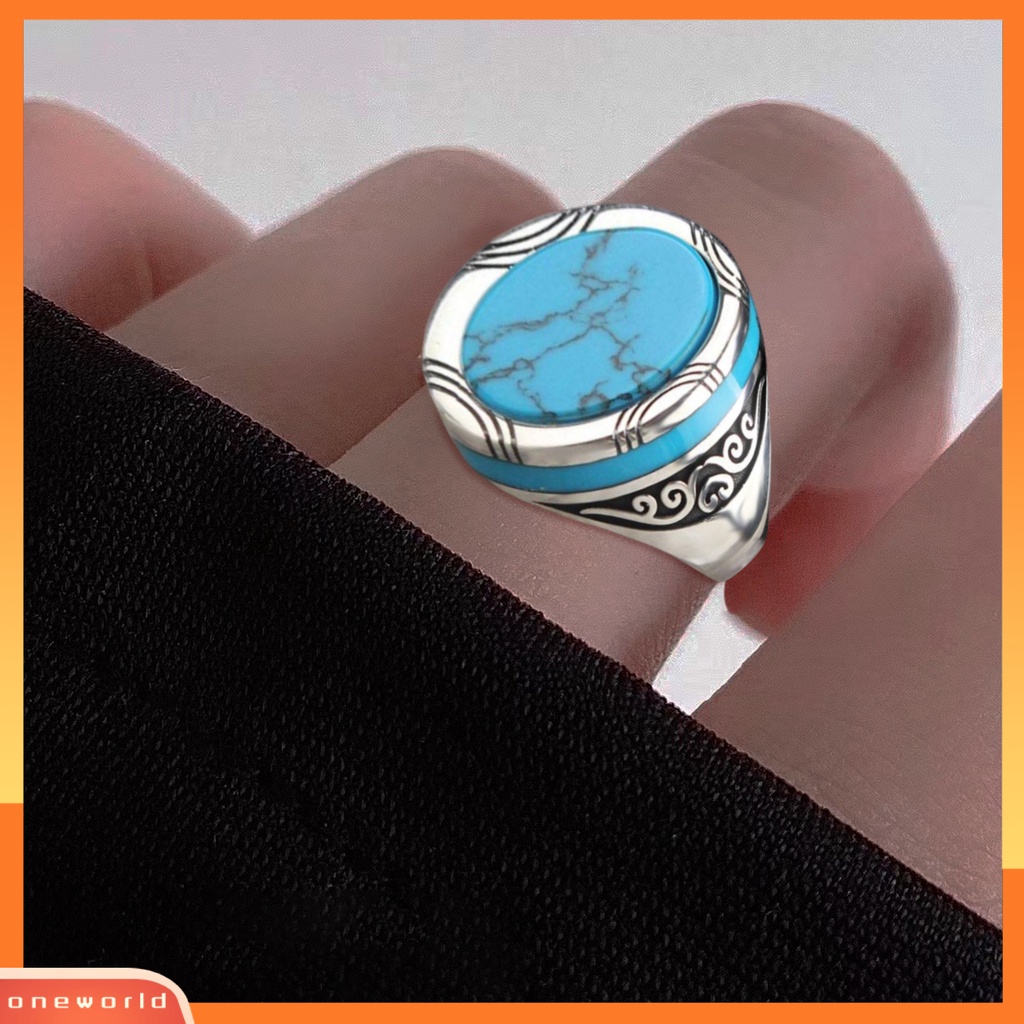 Perhiasan Cincin Pria Model Lebar Motif Ukir Hias Turquoise Imitasi Gaya Punk Retro