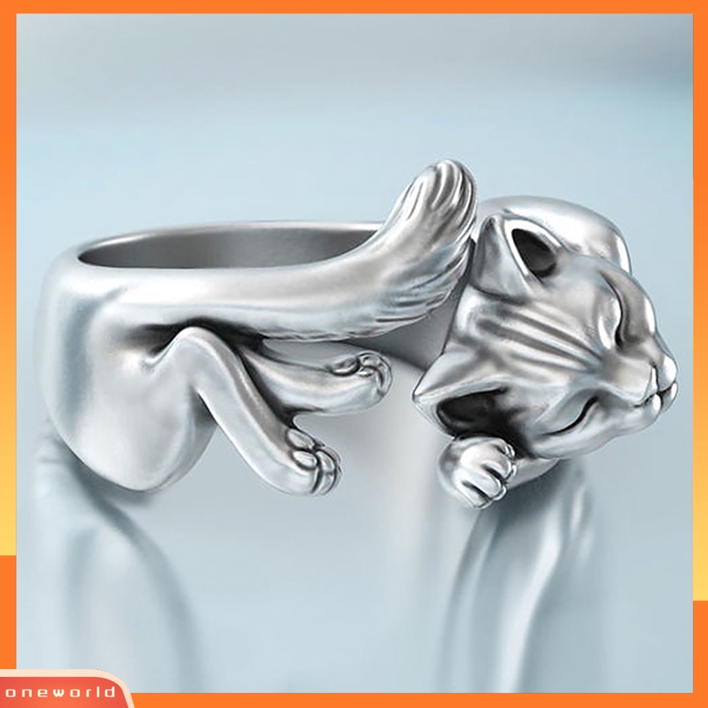 OW Vintage Unisex Sleeping Cats Silver Plated Opening Finger Ring Jewelry Gift